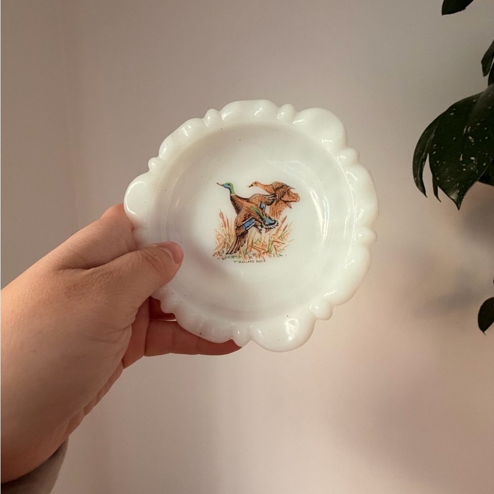 Milk Glass Dish with Duck Motif